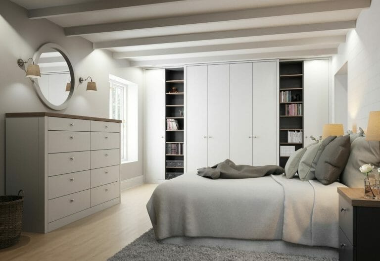 Bedroom with grey wardrobes Bedroom with grey wardrobes