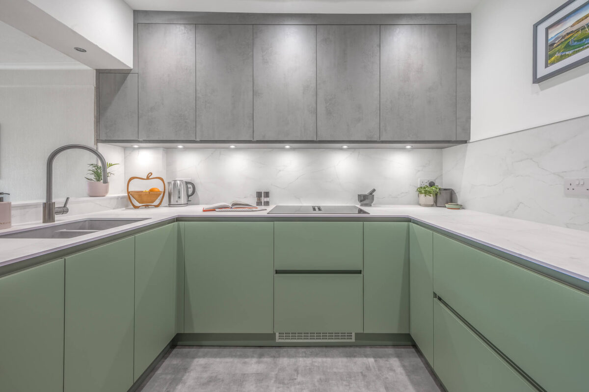 Sage Green & Concrete Handleless Kitchen Green Handleless Kitchen