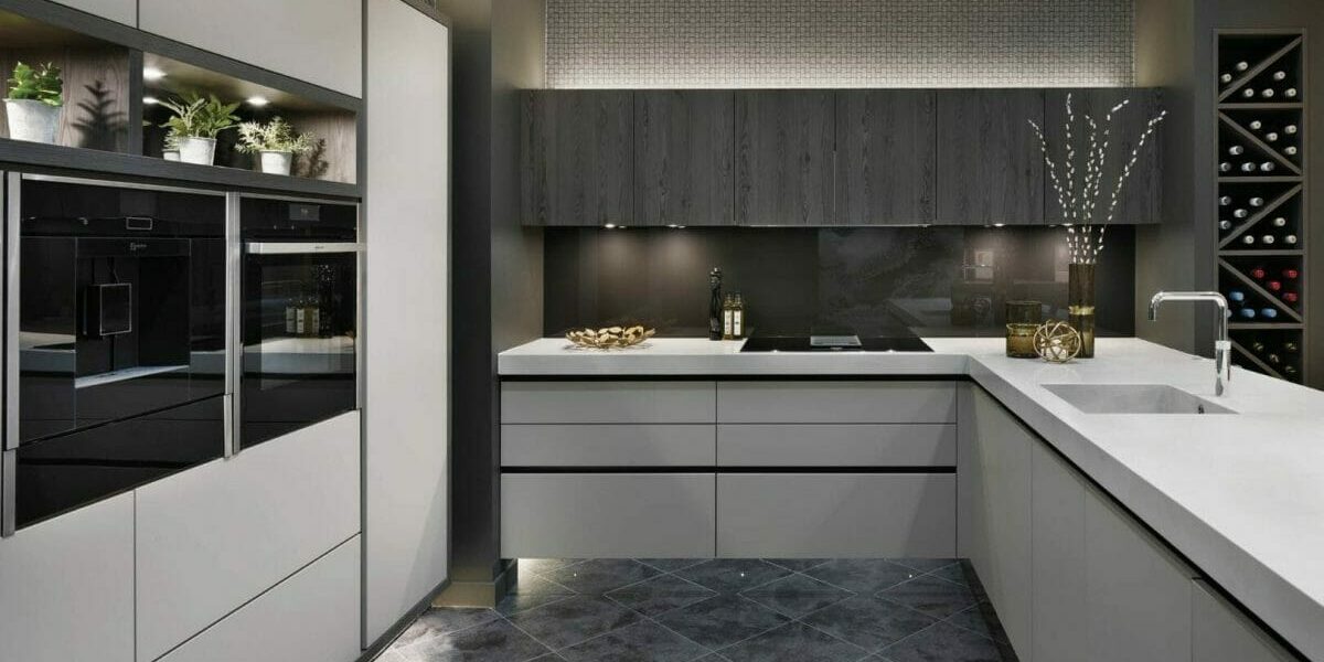 White and dark grey handleless kitchen